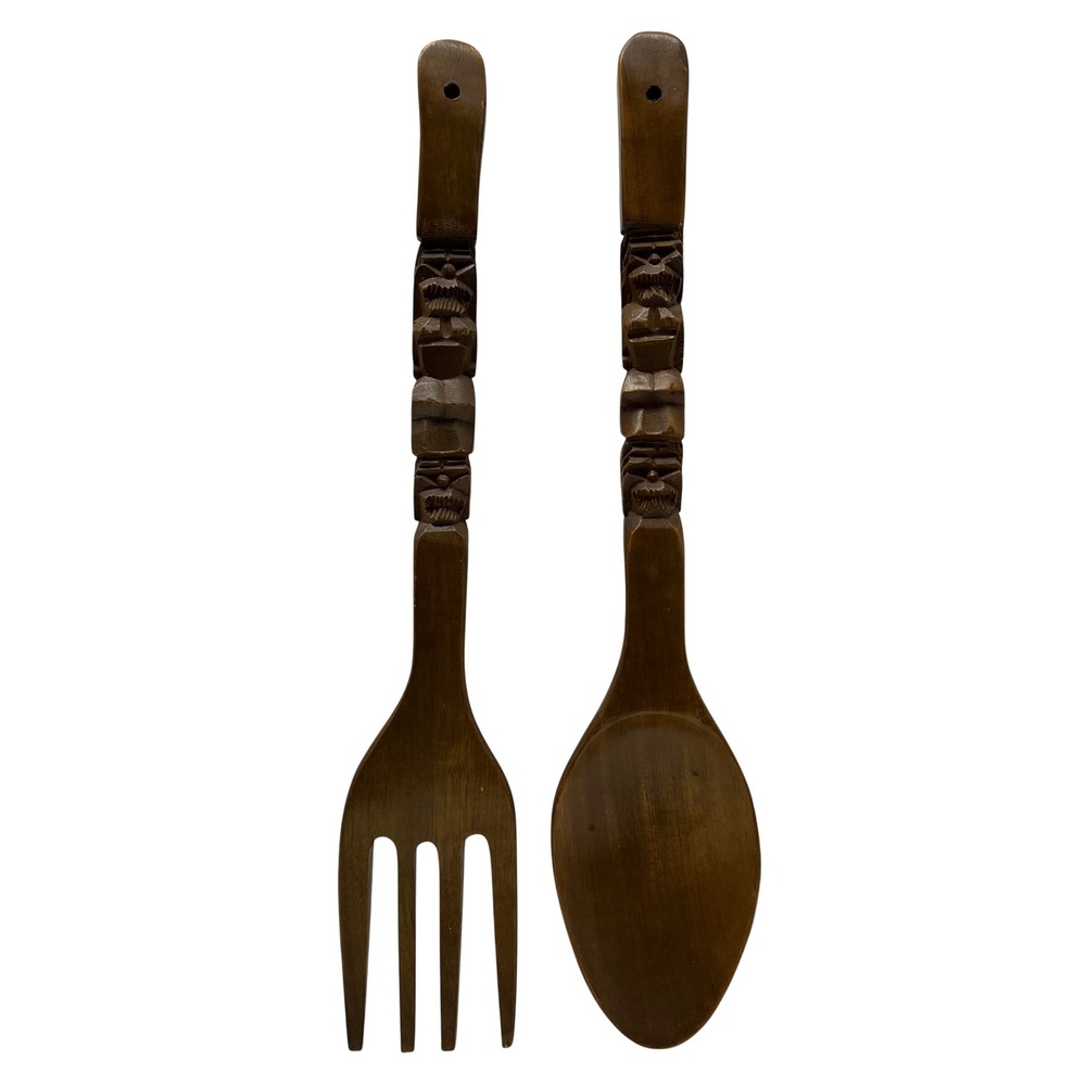 Vintage Hand Carved Wooden Tiki Totem Spoon‎ and Fork Wall Decor Set 21 Inch MCM